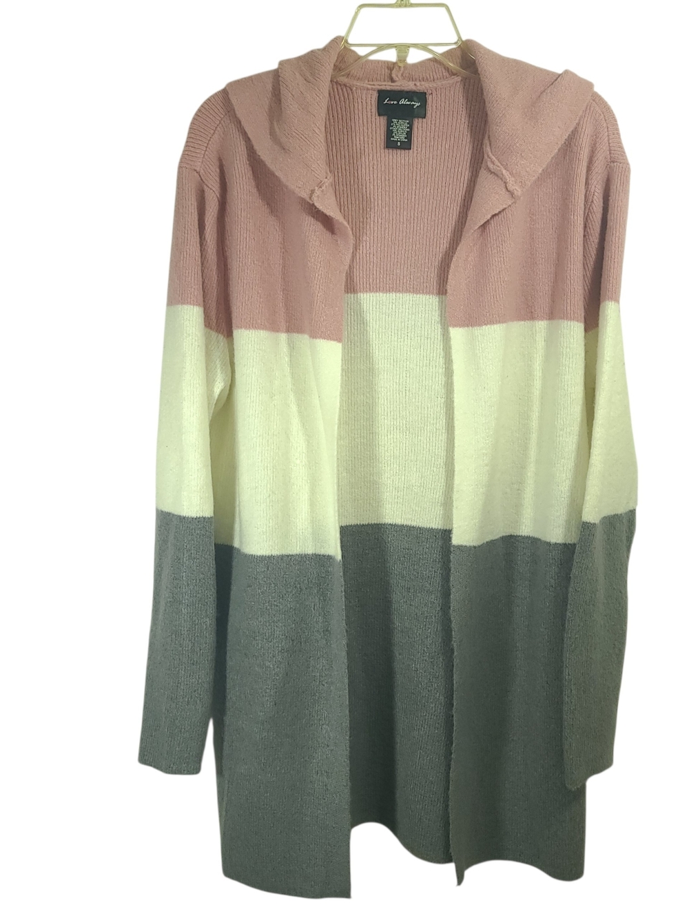 Love Always women's cardigan sweater cozy hooded design and a three-tone color